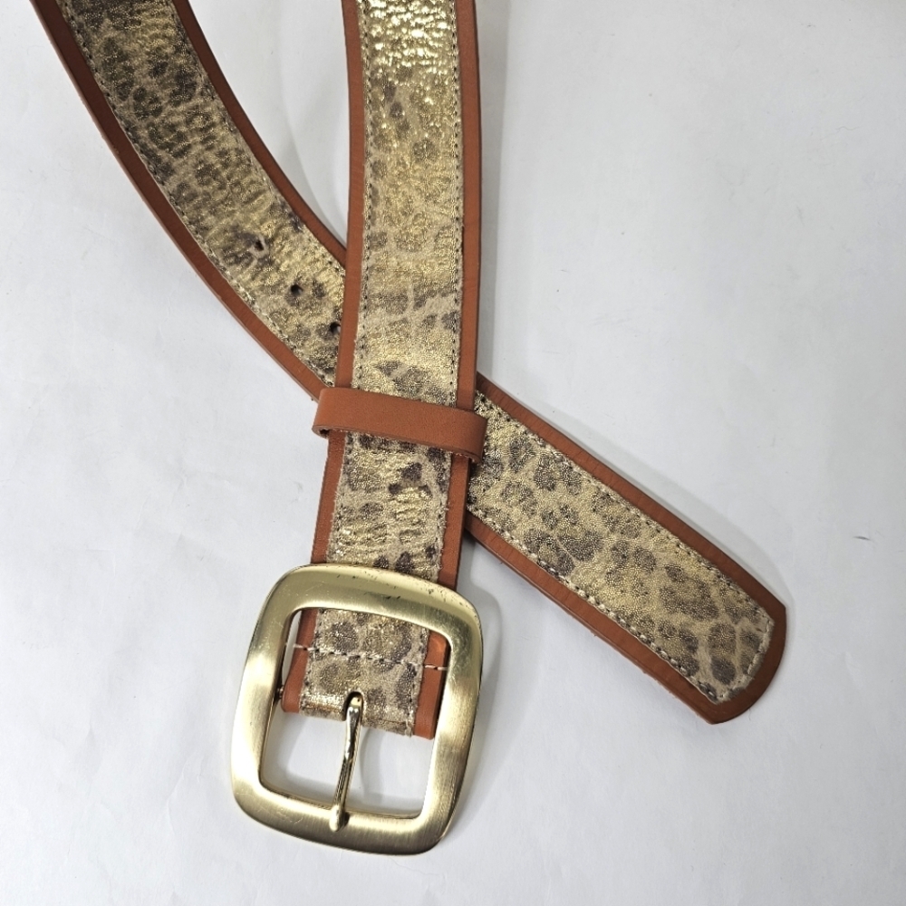 WCM Beige Brown Shimmer Leopard Print Leather Belt with Silver Buckle Medium